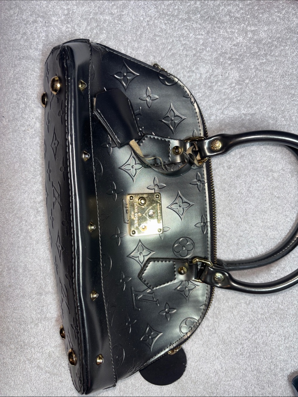 Vintage bag maybe?? LV? Unknown. Black Embossed Shoulder Bag with Gold Hardware